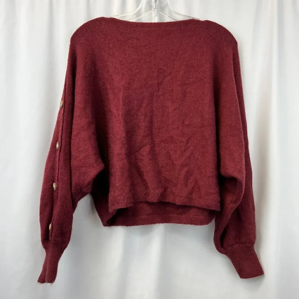 Shein Women’s Boat Neck Cropped Pullover Sweater Long Button Sleeve Wine Large